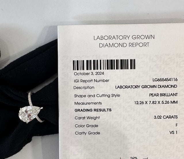 Certificate lab grown pear brilliant cut ring