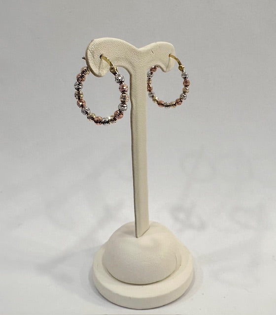 rose, white and yellow gold balls on hoops