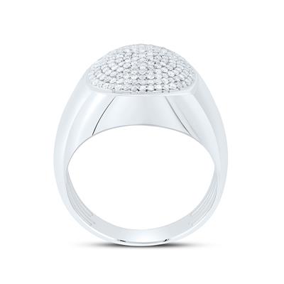 Silver ring with a textured top on a white background