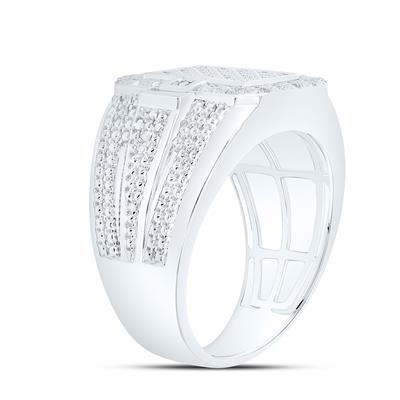 Silver ring with diamond clusters on a white background