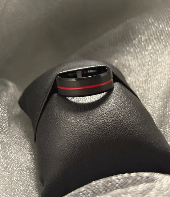 The AJ Tungsten band in black & red