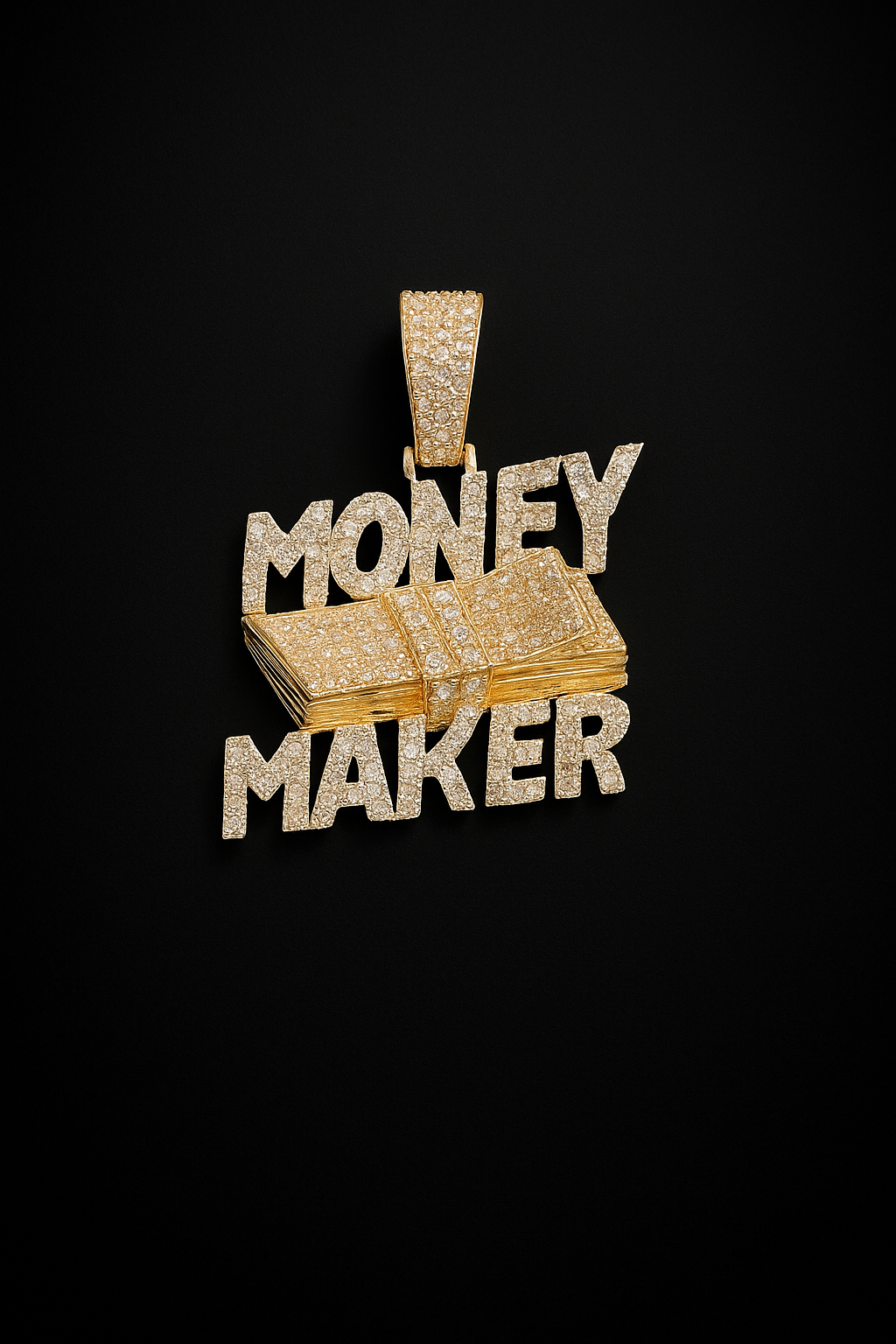 diamond & gold pendant with stack of money & words money maker