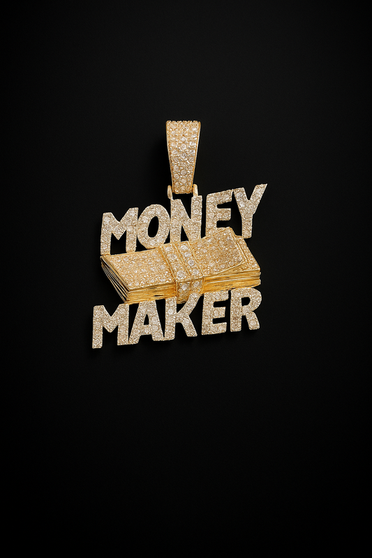 diamond & gold pendant with stack of money & words money maker