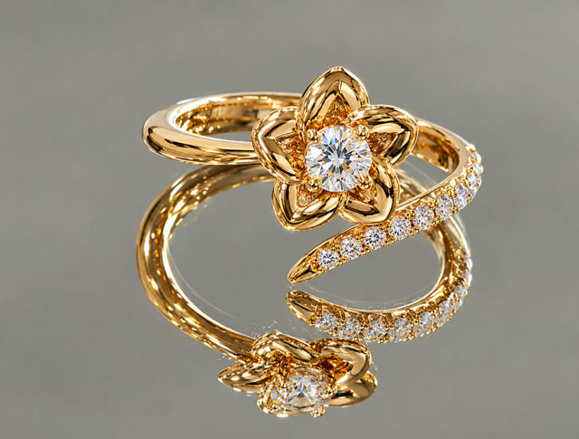 14k yellow gold ring with flower design and diamond accents