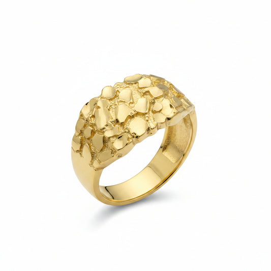 men's yellow gold nugget ring on white background