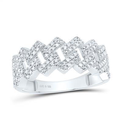 Silver Cuban style ring with diamond accents on a white background