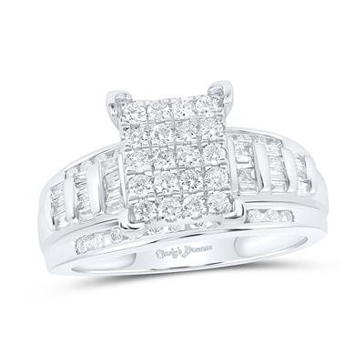 Diamond ring with a white gold band on a white background
