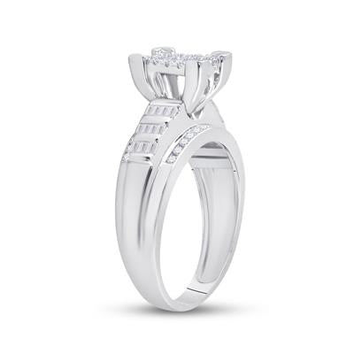 Silver ring with diamond accents on a white background