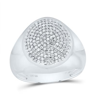 Silver ring with diamond pavé on a white background