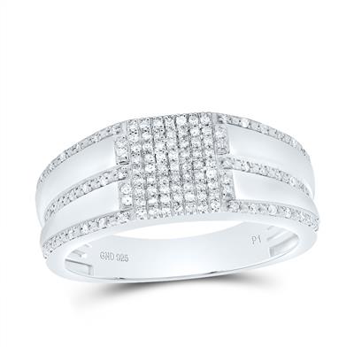 Diamond ring with a sterling silver band on a white background