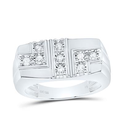 Silver ring with diamond accents on a white background