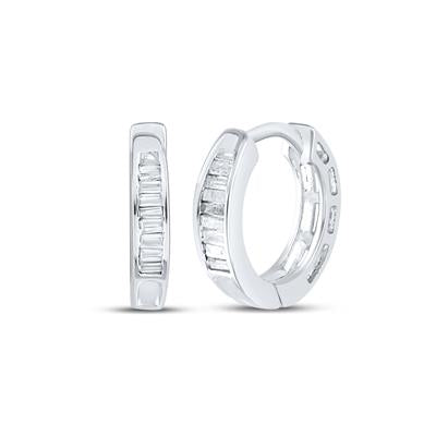 Pair of silver hoop earrings with clear gemstones on a white background