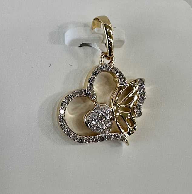 natural diamond & gold heart butterfly pendant