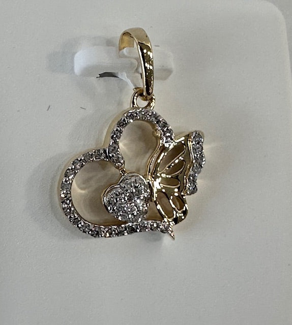 natural diamond & gold heart butterfly pendant close up