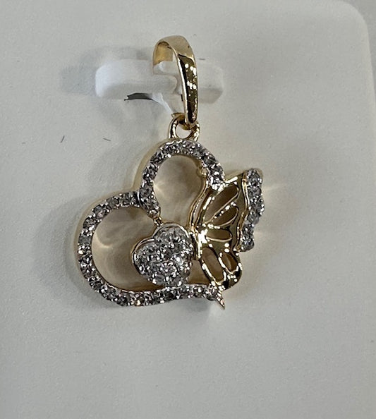 natural diamond & gold heart butterfly pendant close up