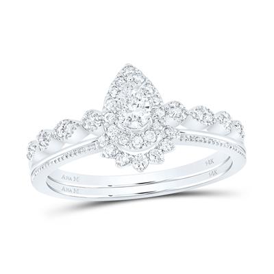14k White Gold Pear Diamond Bridal Wedding Ring Set 3/8 Cttw 