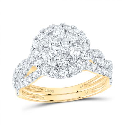 10k YG Round Diamond Halo Wedding Ring Set 1-1/2 CTW