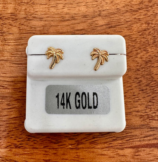 Gold palm tree studs 14K yellow gold