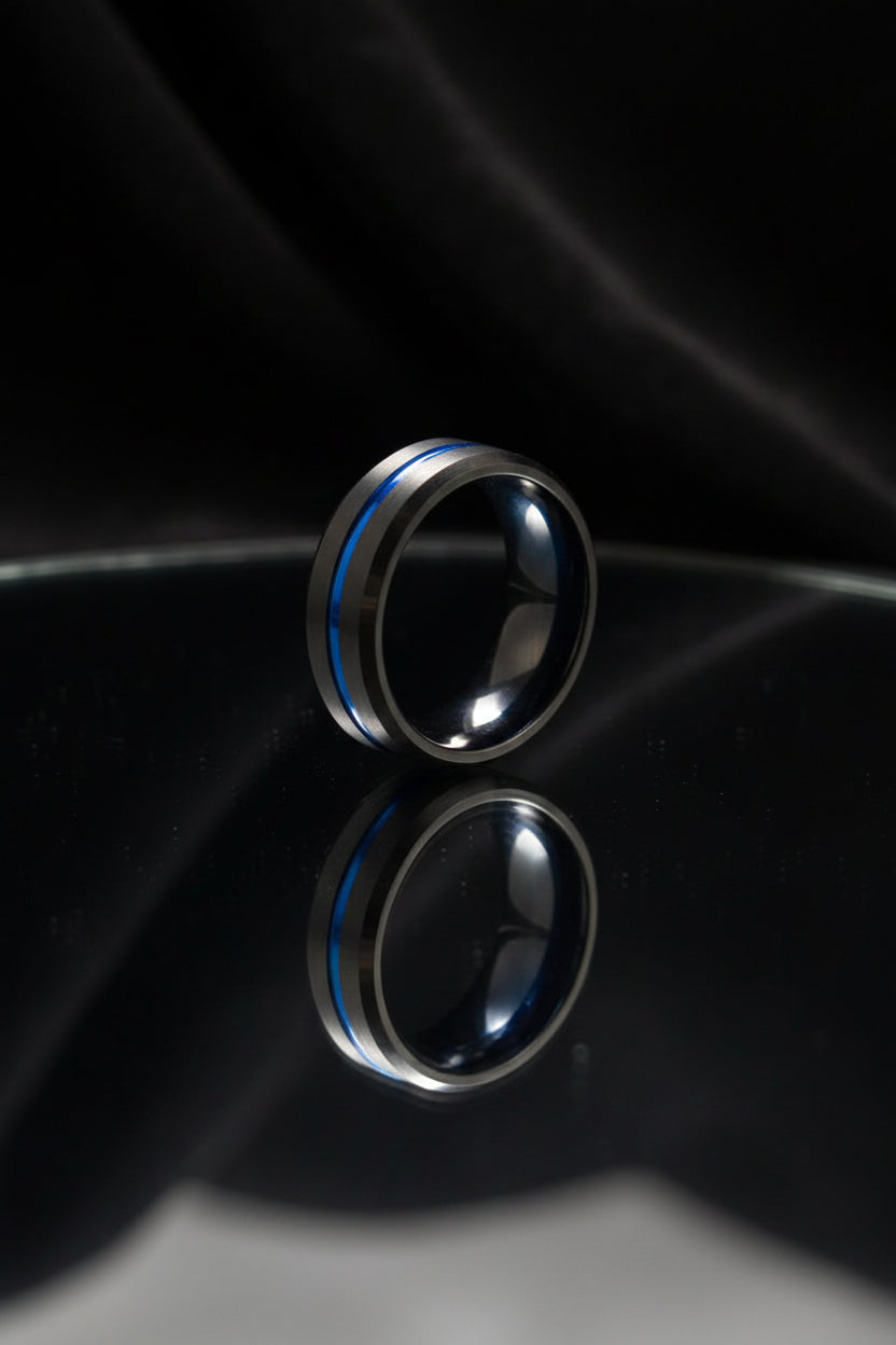 black tungsten ring with blue pinstripe
