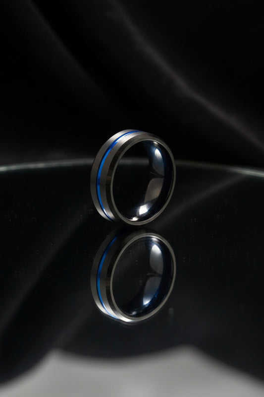 black tungsten ring with blue pinstripe
