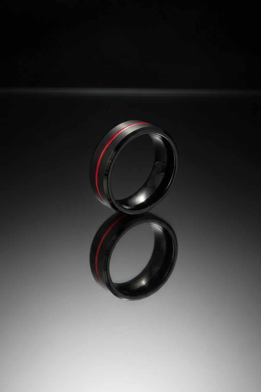 black tungsten ring with red pinstripe
