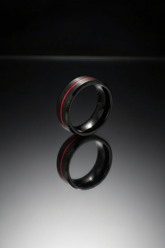 black tungsten ring with red pinstripe