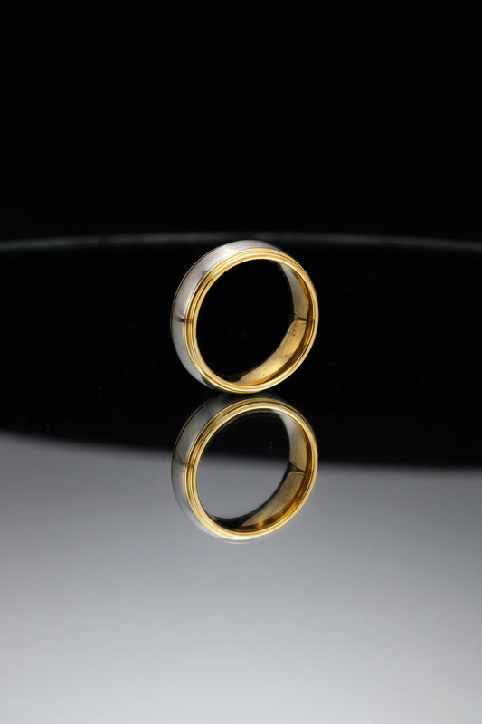 silver tungsten ring with gold trim & gold color inside